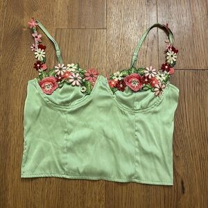 Silk lime sewn on flowers tank top